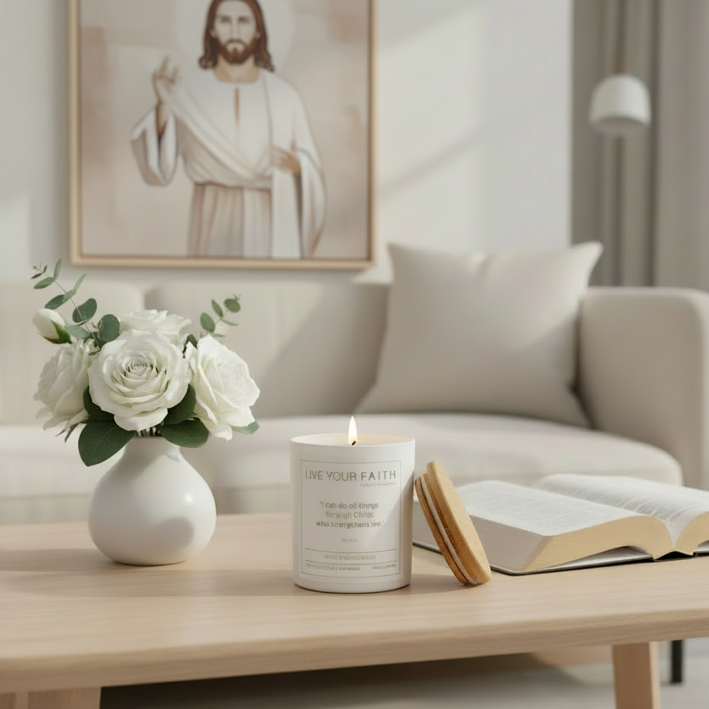 Candle with 'Give Your Faith' text on a table with flowers and an open book, framed picture of a religious figure in the background.
