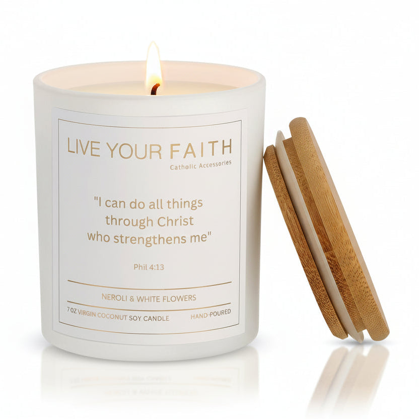 Catholic scented candle Phil.4:13 neroli and white flowers