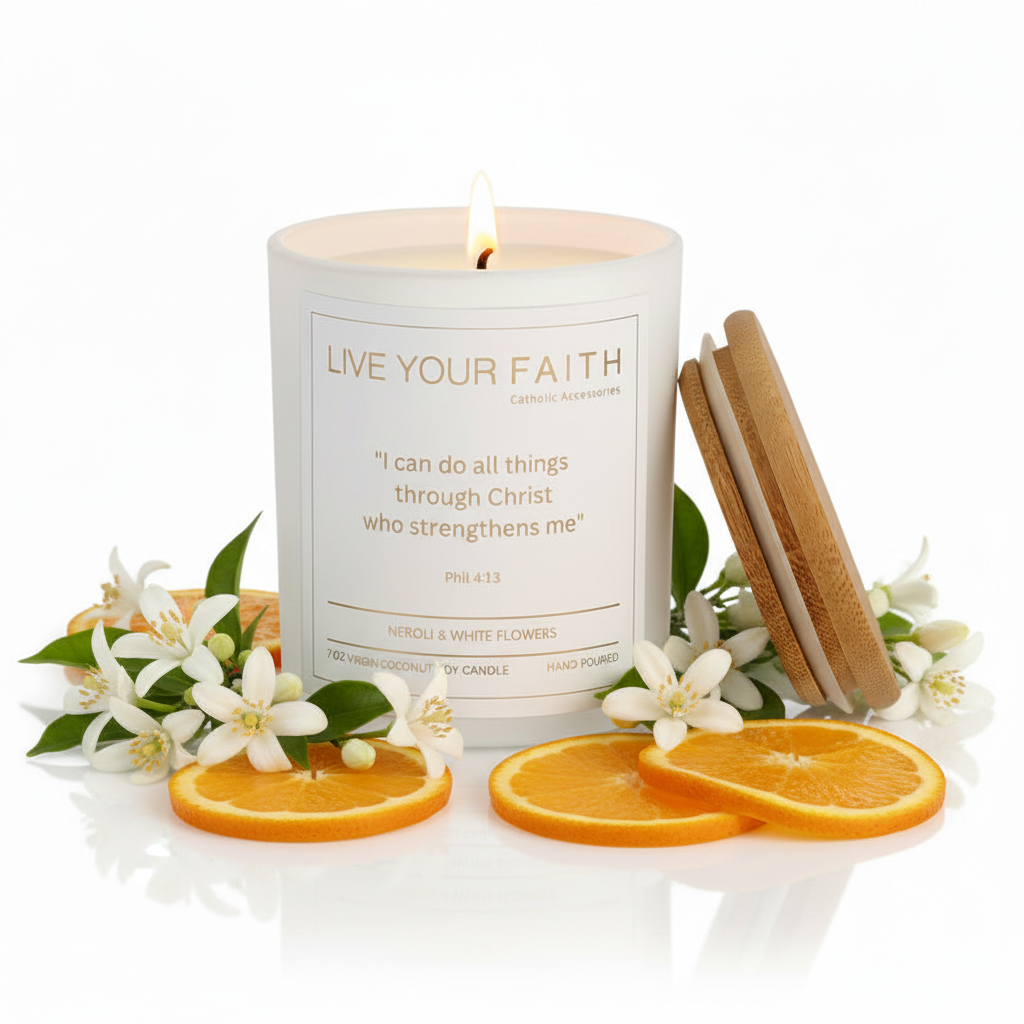Candle with Phil. 4:13 message on a white background with orange slices and flowers.