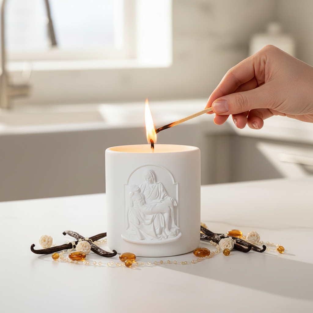 White Pieta embossed candle being lit with a match, surrounded by decorative items on a light surface.