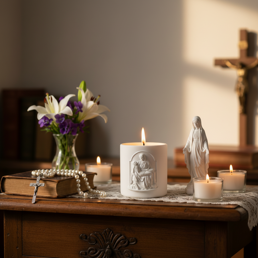 Pieta Candle lit scene with religious items including a statue, rosary, and flowers on a wooden table.