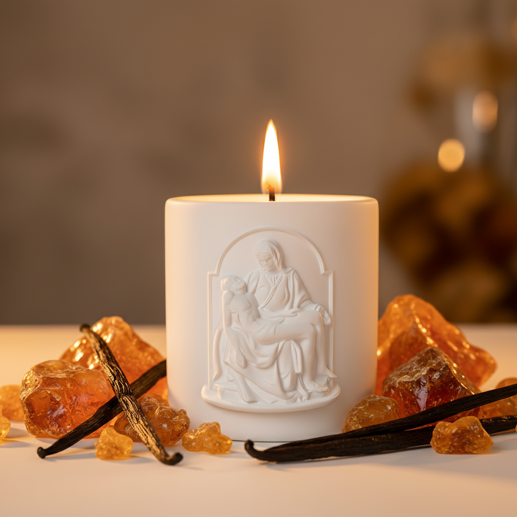 White candle with a decorative design of the Pieta image, surrounded by vanilla beans and amber-colored crystals on a blurred background.