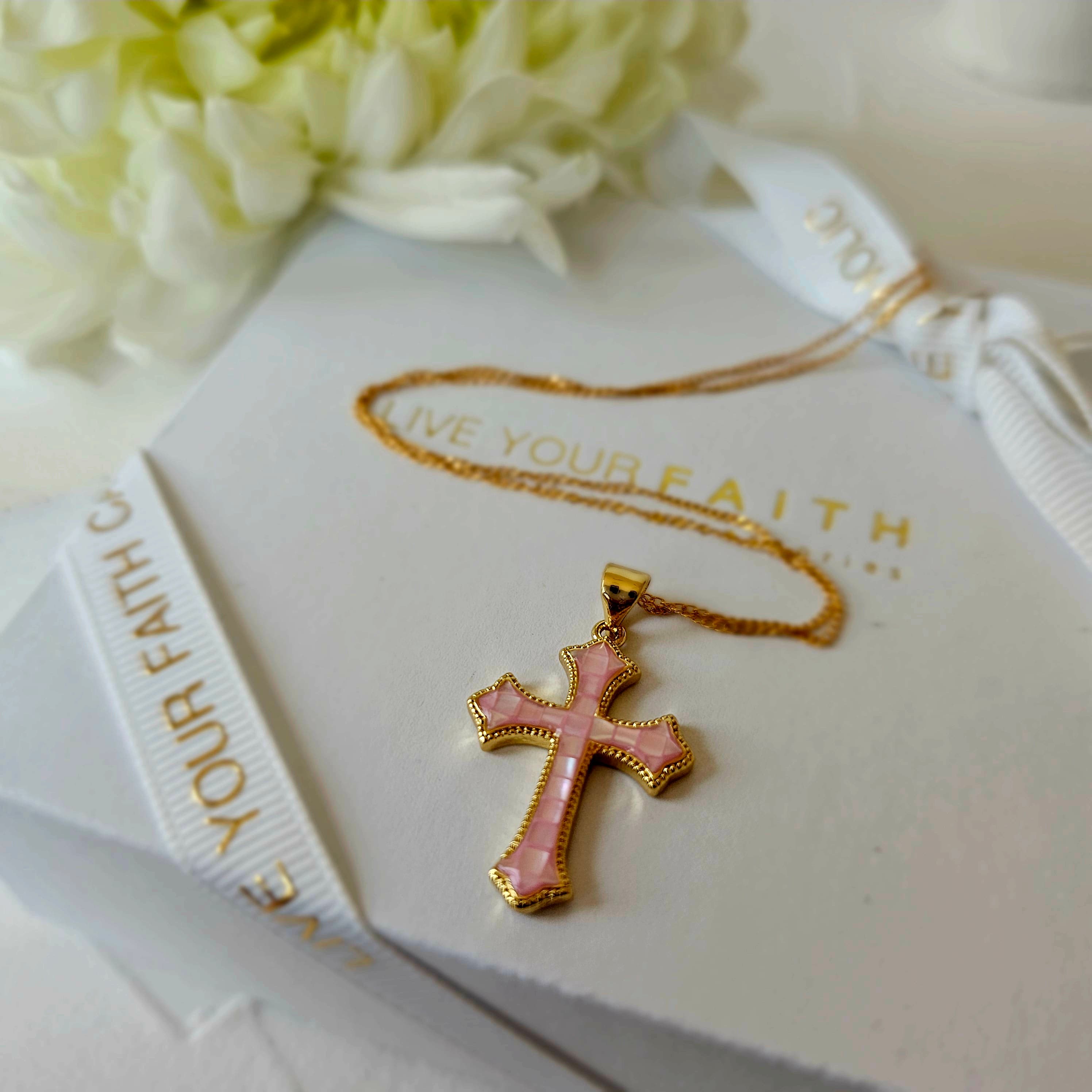 Gold filled pink mother of Pearl Cross pendant necklace gift wrap