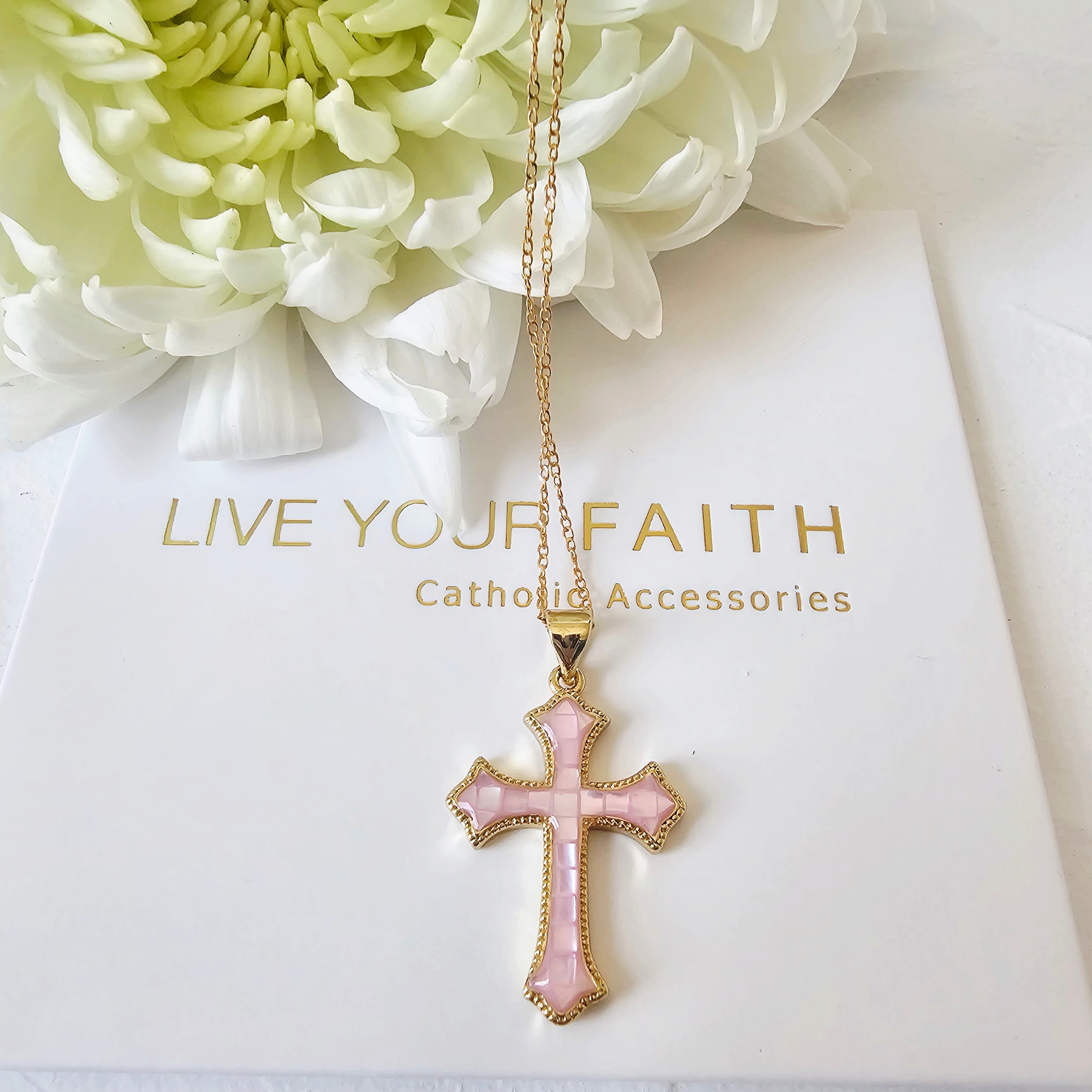 Pink Cross catholic necklace in gold filled and Mother of pearl