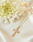 Religious Pink Mother of Pearl Cross Necklace Gold filled –  Catholic Jewelry