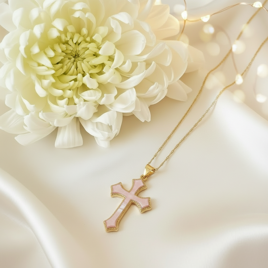 Religious Pink Mother of Pearl Cross Necklace Gold filled –  Catholic Jewelry