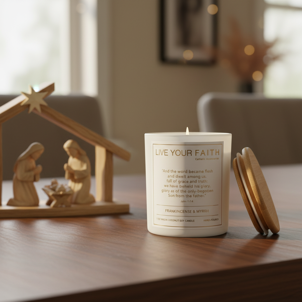 Candle with Bible verse John 1:14 surrounded by frankincense and myrrh on a blurred background to a nativity scene on a wooden table.