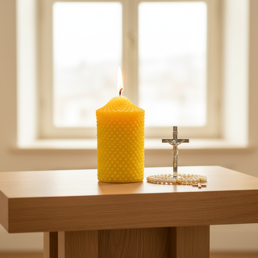 Yellow textured pure beeswax candle on a wooden table with a blurred window background next to a crucifix.