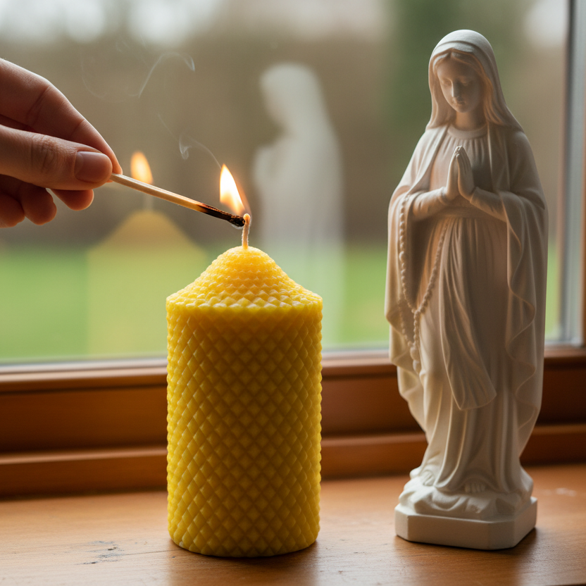 Person lighting a beeswax candle next to a statue of a Virgin Mary indoors.