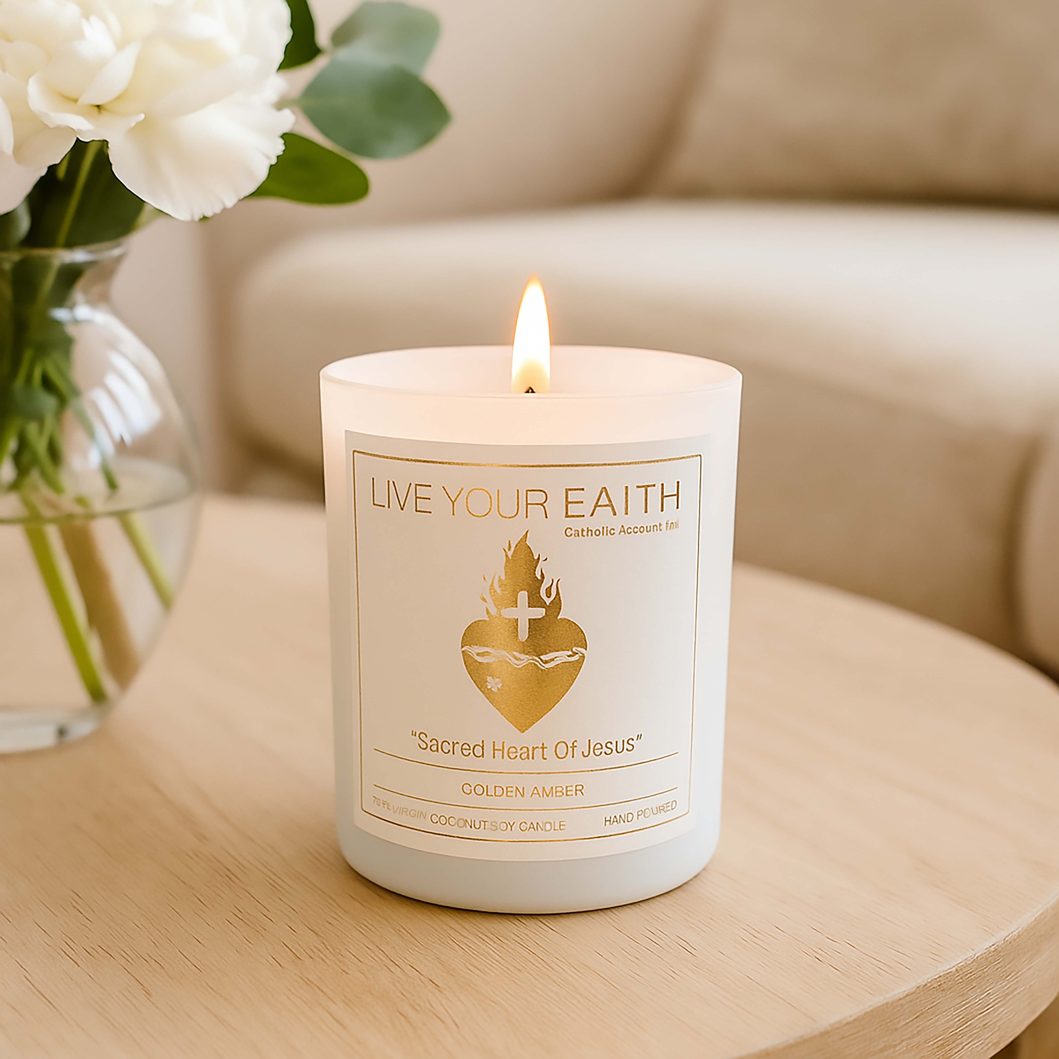 Sacred Heart of Jesus candle in a coffee table at home