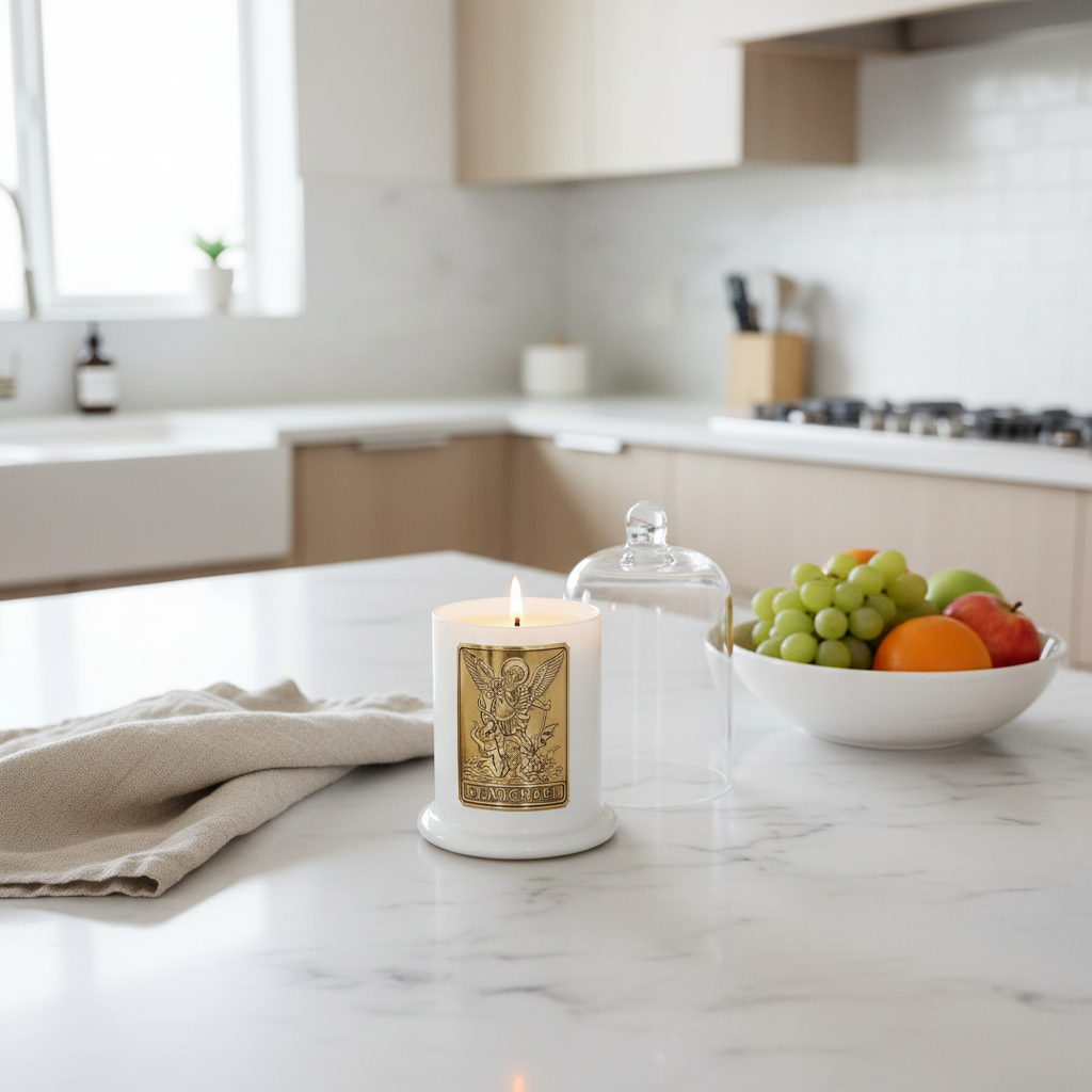 Candle with Saint Michael label on a kitchen counter next to a bowl of fruit