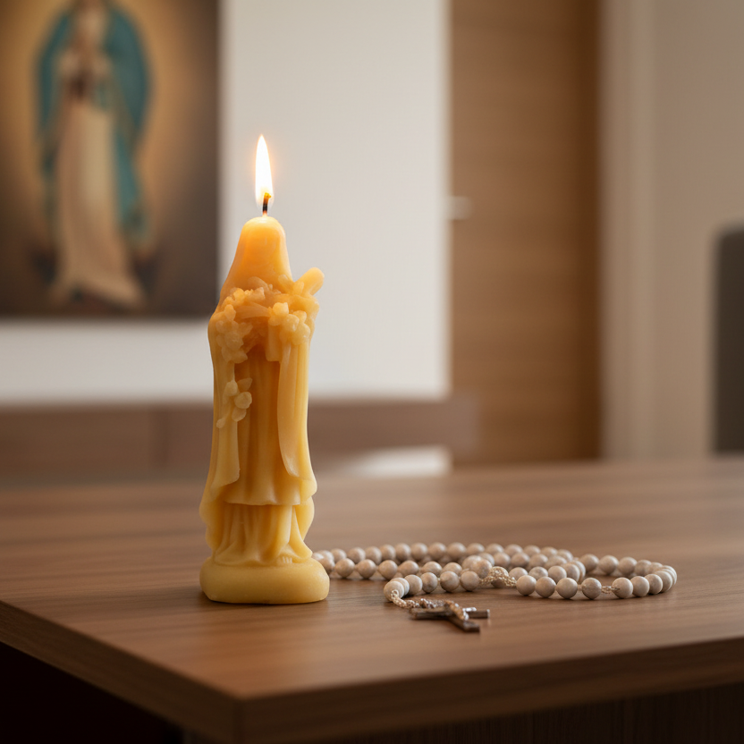 Yellow candle with a religious figure of Saint Therese on a wooden table, with a blurred background