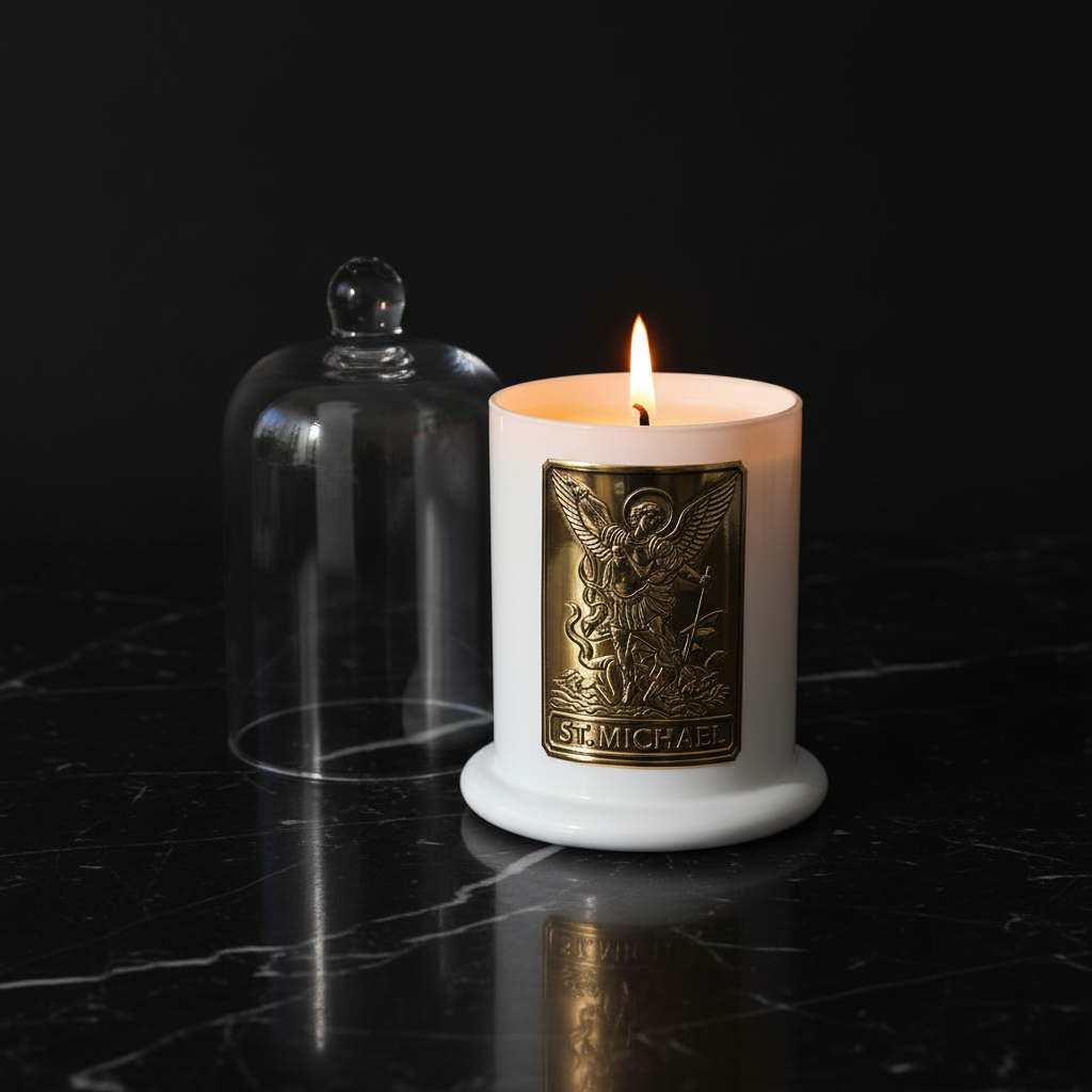 Luxury Saint Michael the Archangel coconut soy wax prayer candle with custom metal saint plaque and glass cloche dome