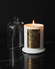 Luxury Saint Michael the Archangel coconut soy wax prayer candle with custom metal saint plaque and glass cloche dome
