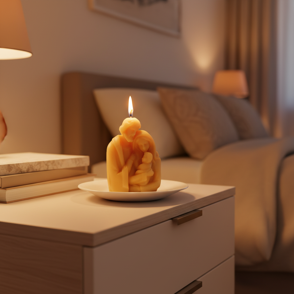 Beeswax holy family on a night stand of a modern home