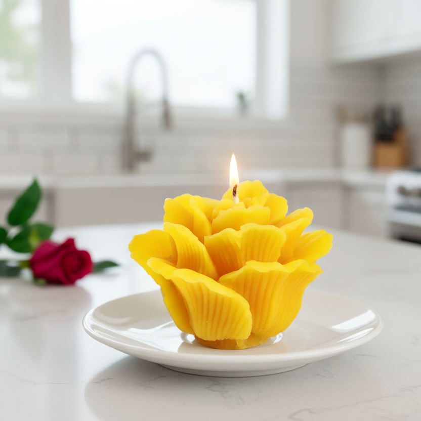 small beeswax candle shaped as a rosette with a red rose on a kitchen counter