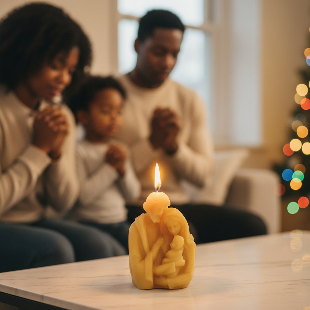 Family praying with a candle shaped like the holy family holding a child on a table in a home setting.