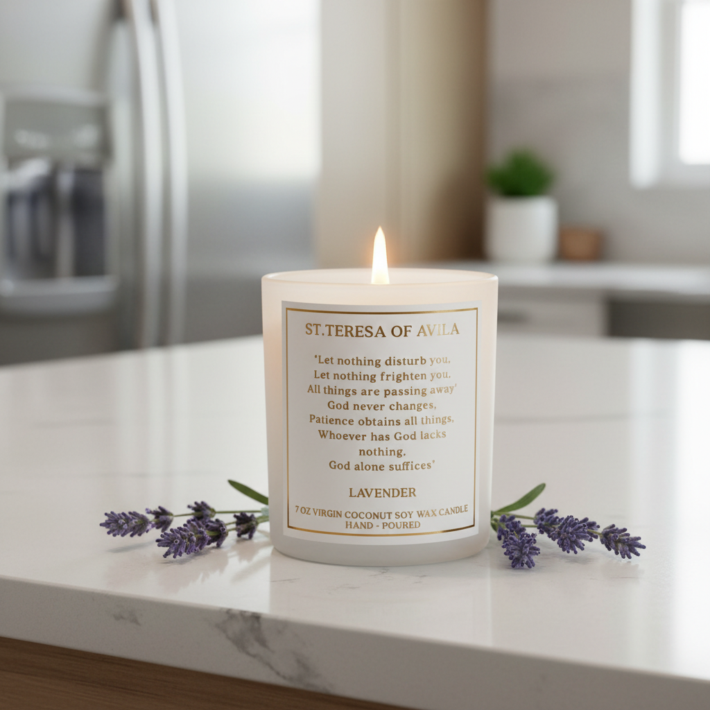 Candle with a prayer from St. Therese of Avila on a marble surface with lavender flowers