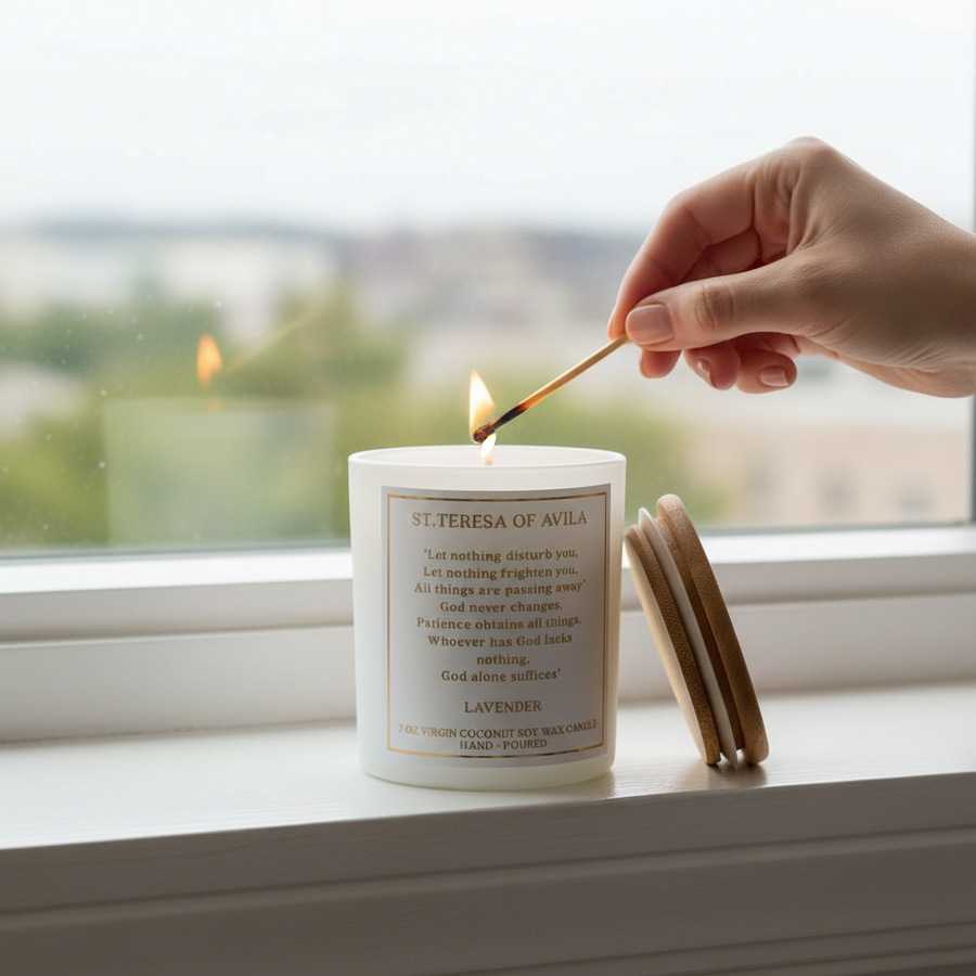St. Theresa of Avila Candle being lit with a match on a windowsill with a scenic view outside.