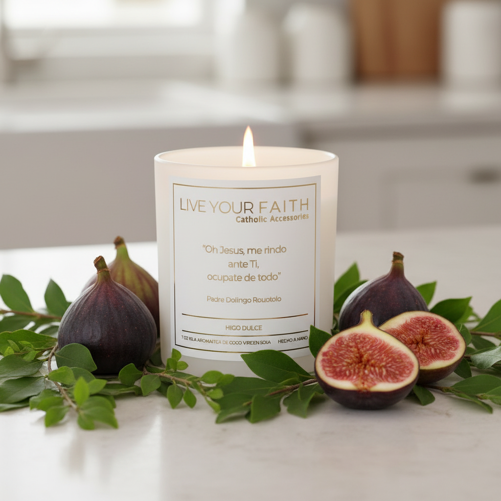 Candle with 'Live Your Faith' text surrounded by figs and leaves on a table.