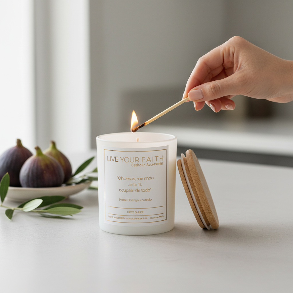 Candle being lit with a match, featuring 'Live Your Faith' text on a neutral background. Novena de la Rendicion, Padre Dolindo Rutuolo