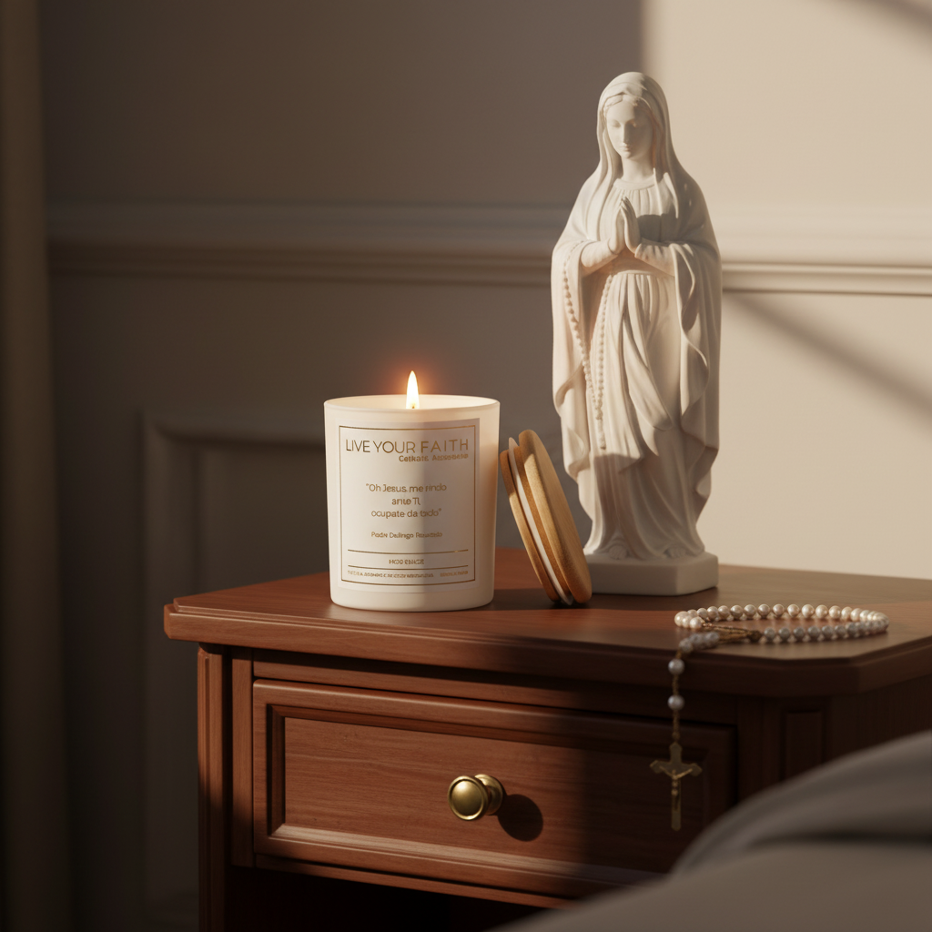 Candle with 'Live Your Faith' packaging, statue of a religious figure, and rosary on a wooden surface.