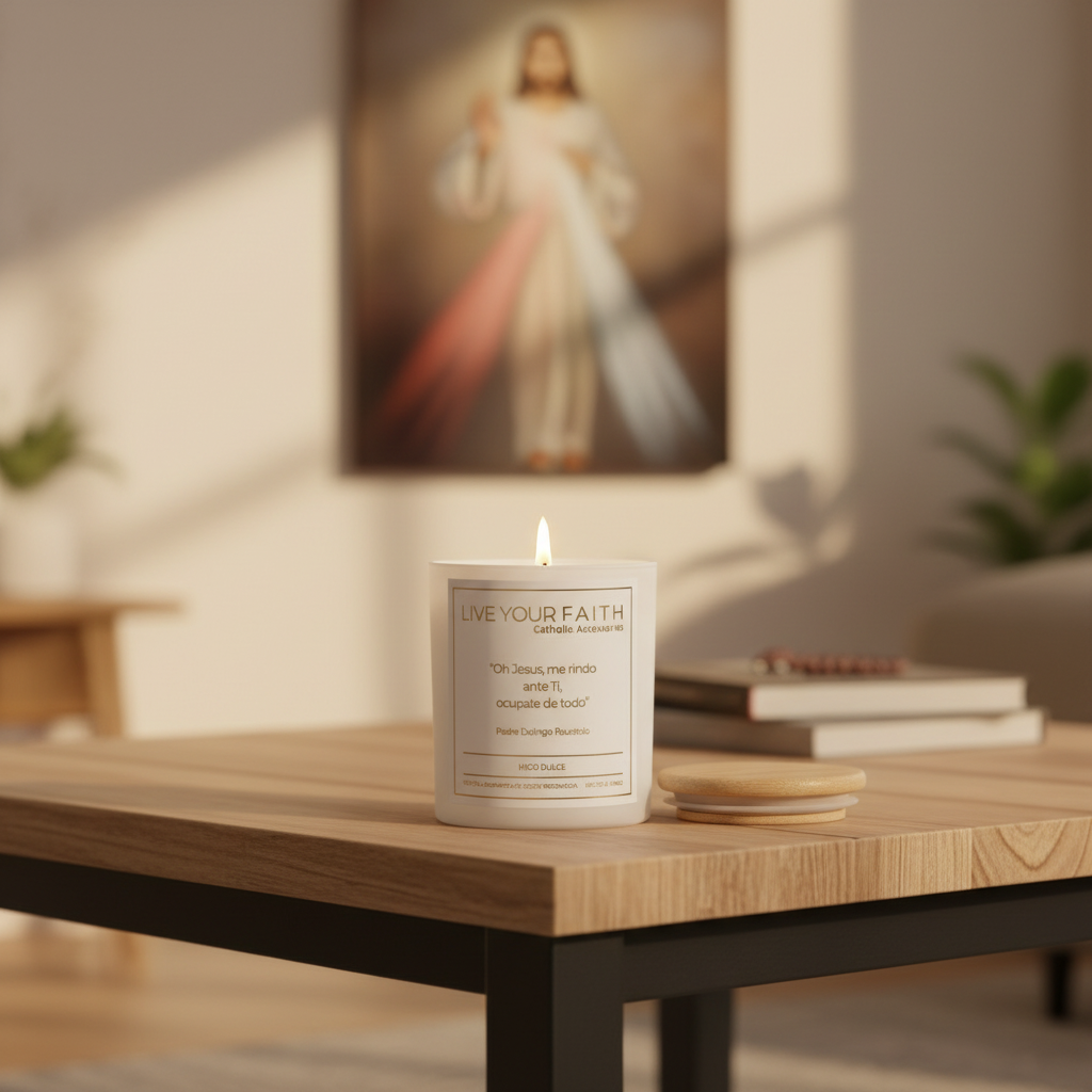 Candle with 'Live Your Faith' text on a wooden table, blurred religious painting in the background