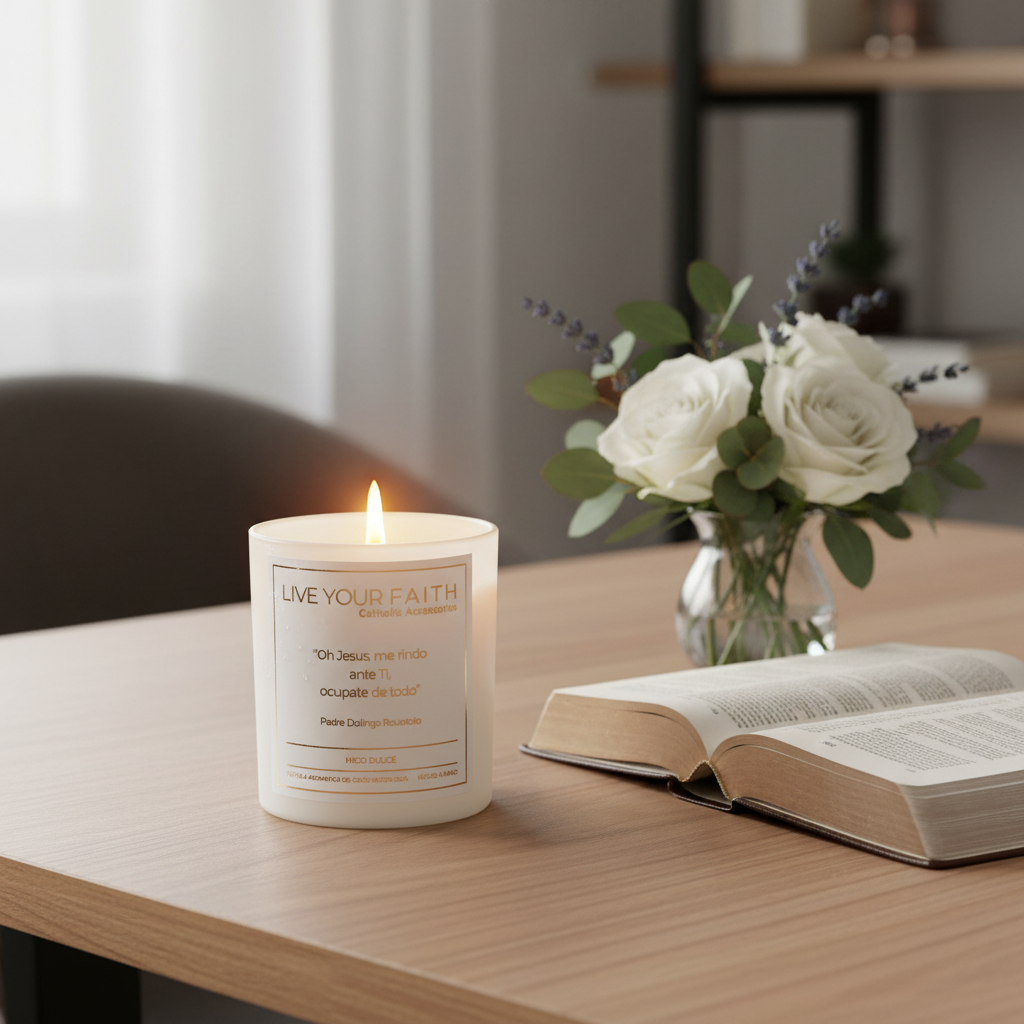 Candle with the surrender novena prayer  on a table with an open bible and flowers.