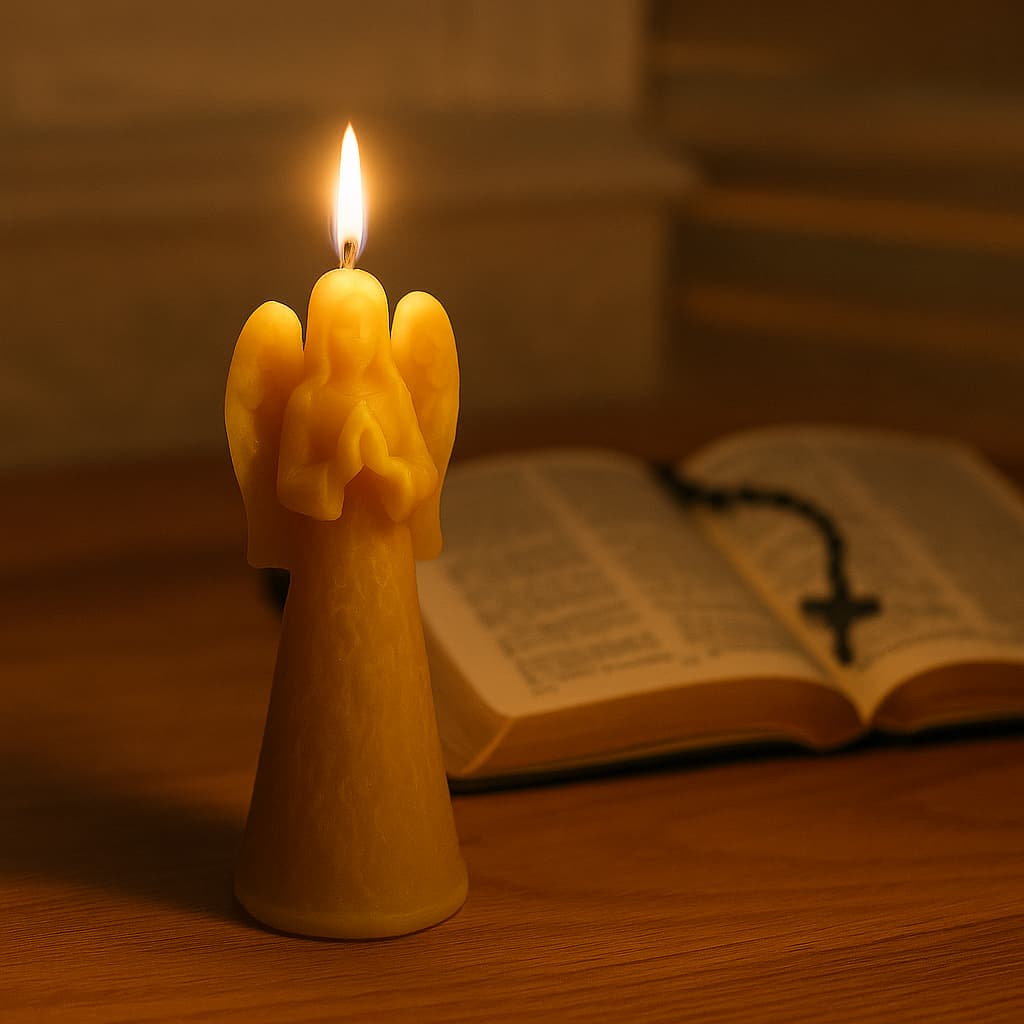 lit up angel beeswax candle with bible and rosary