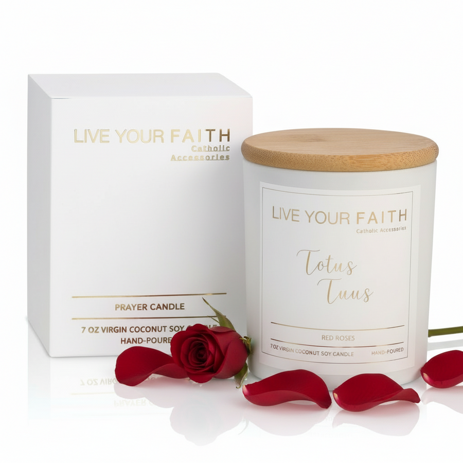 Catholic Prayer Candle, "Totus Tuus", Red Rose Scent