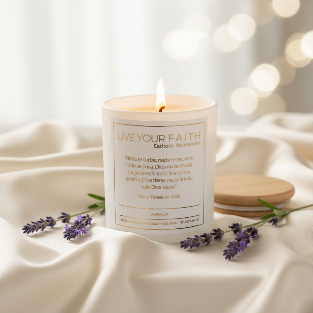 Vela Católica de Oración Perfumada - Vela Religiosa con Oración de Santa Teresa, Aroma a Lavanda, 7oz