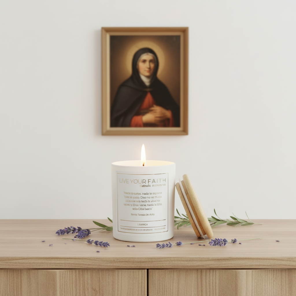 Vela Católica de Oración Perfumada - Vela Religiosa con Oración de Santa Teresa, Aroma a Lavanda, 7oz