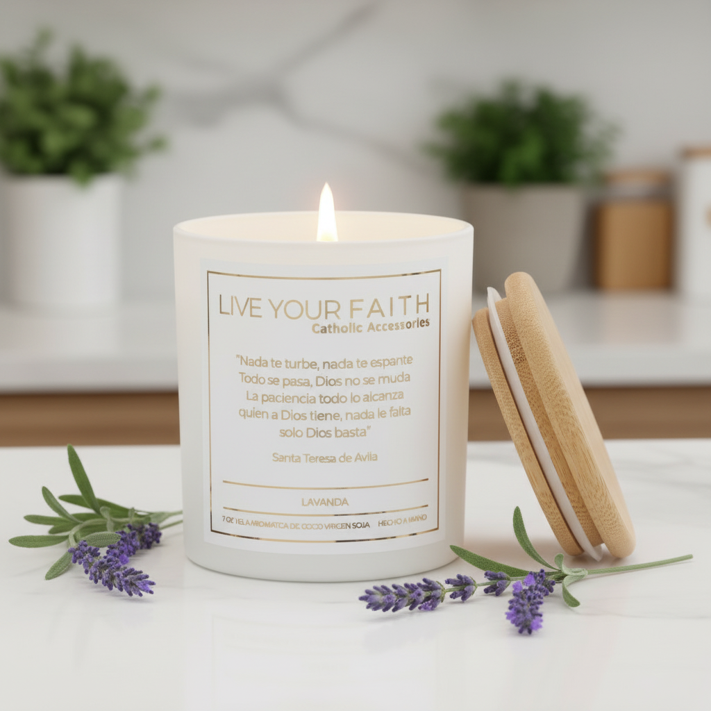 Vela Católica de Oración Perfumada - Vela Religiosa con Oración de Santa Teresa, Aroma a Lavanda, 7oz