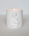 Lady's Embrace 6oz luxury cashmere white jar candle featuring the Virgin Mary holding baby Jesus by Live Your Faith Catholic in Camarillo,California.