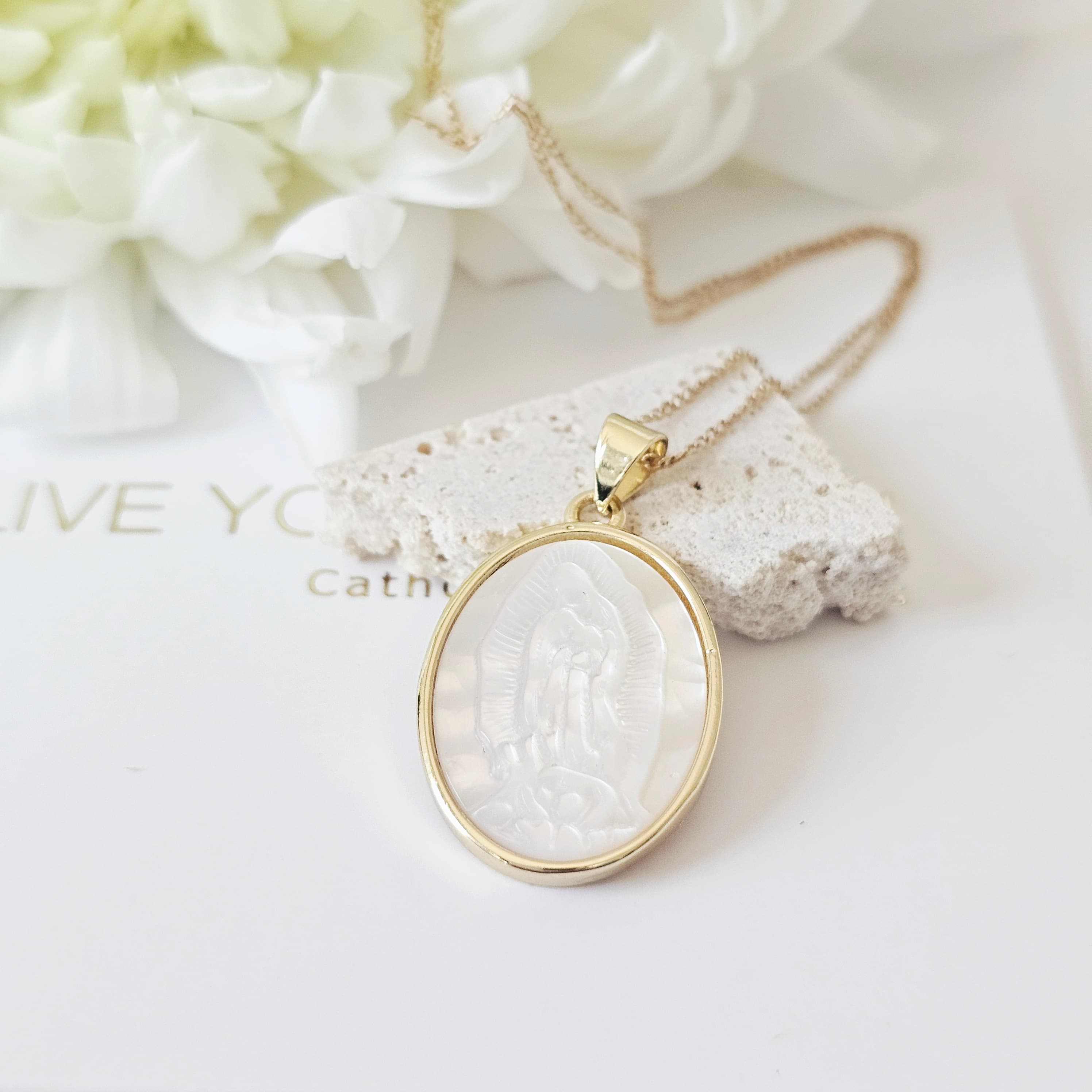 Our lady of Guadalupe mother of pearl gold filled necklace