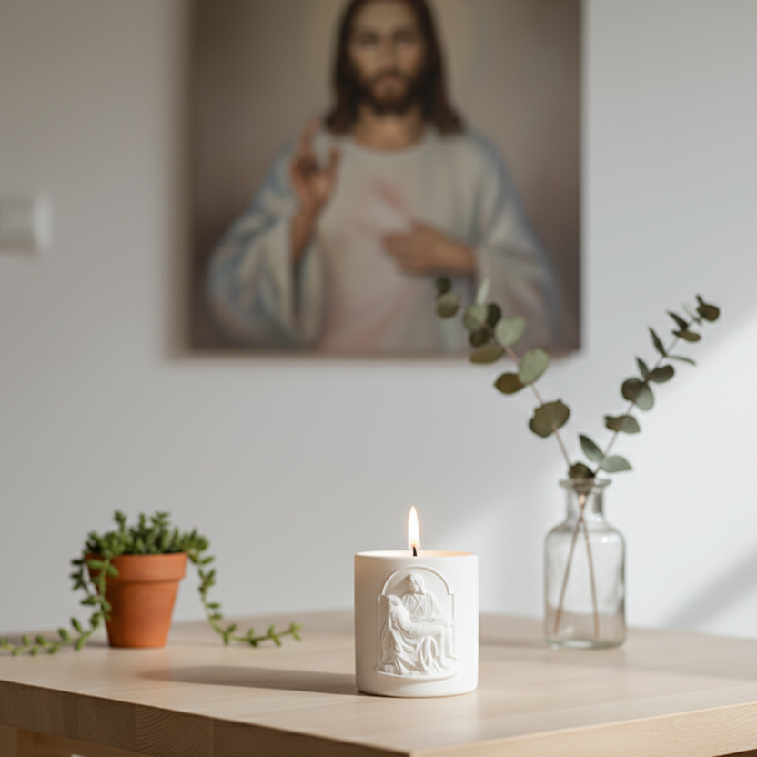 White candle with Pieta design on a table with plants and a blurred portrait in the background