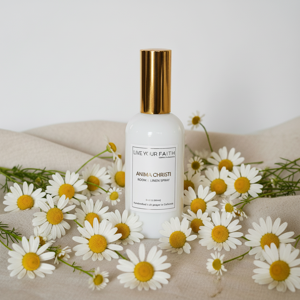 Anima Christi catholic room spray White bottle with gold cap on a beige fabric background with chamomile and white flowers