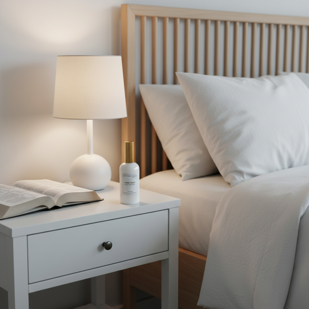 Bedroom scene with a nightstand, lamp, book, and bottle of our Catholic Anima Christi roo spray.