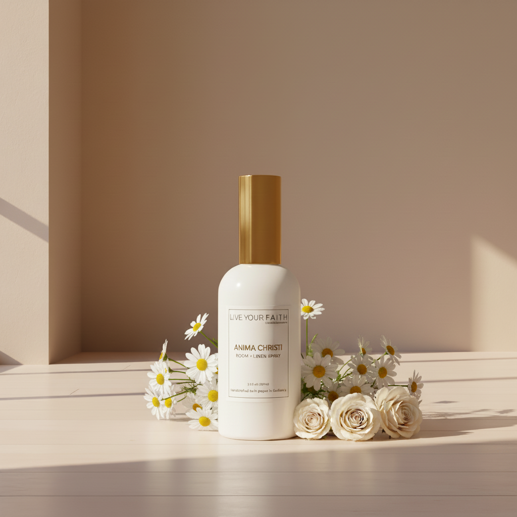 Catholic room spray Anima Christi in rose water scent White bottle with gold cap on a wooden shelf with white flowers, against a beige wall.