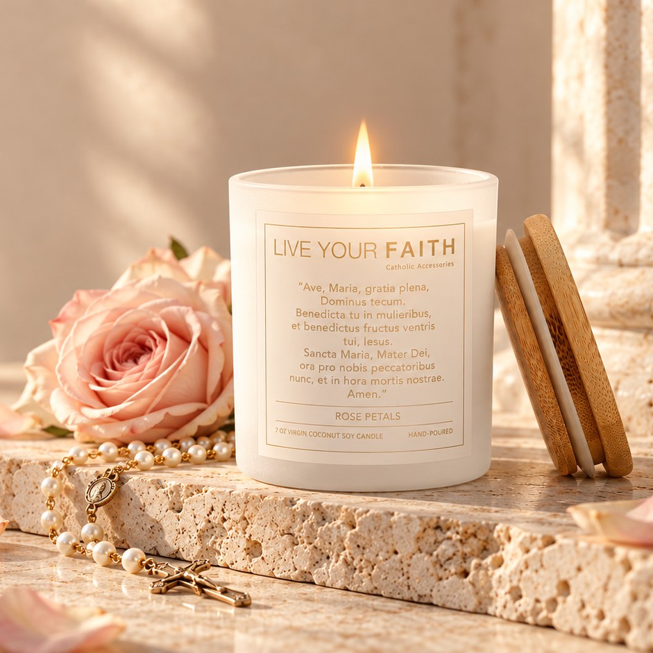 Ave Maria Rose Petals Catholic prayer candle with pearl rosary on warm stone.