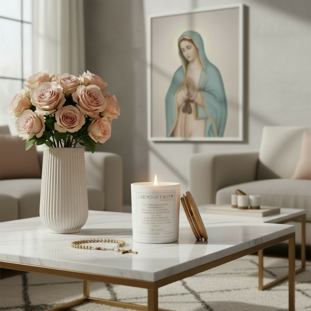 Ave Maria Catholic Candle on a coffee table with a vase of roses and a painting in the background