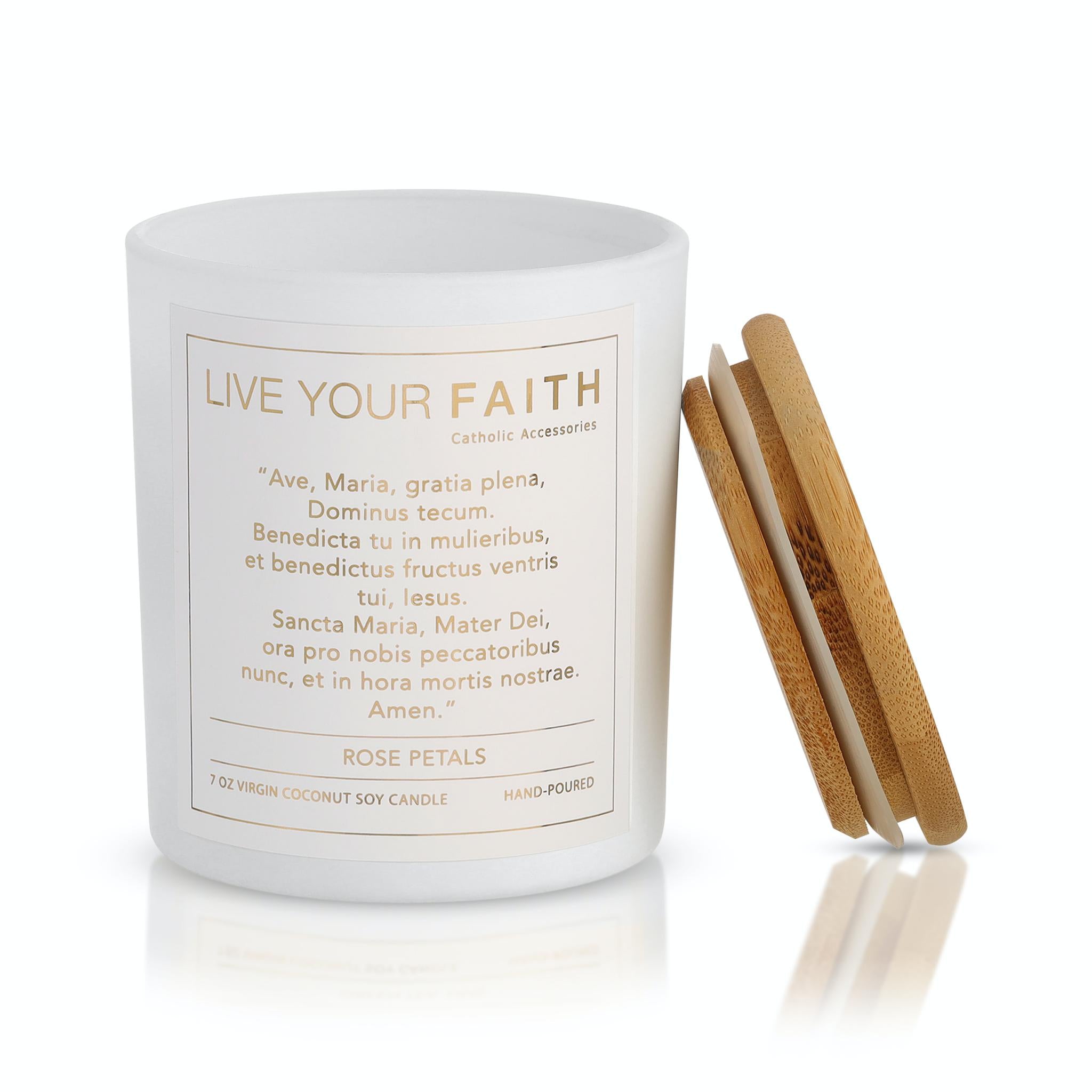 Ave Maria scented prayer candle in rose petals