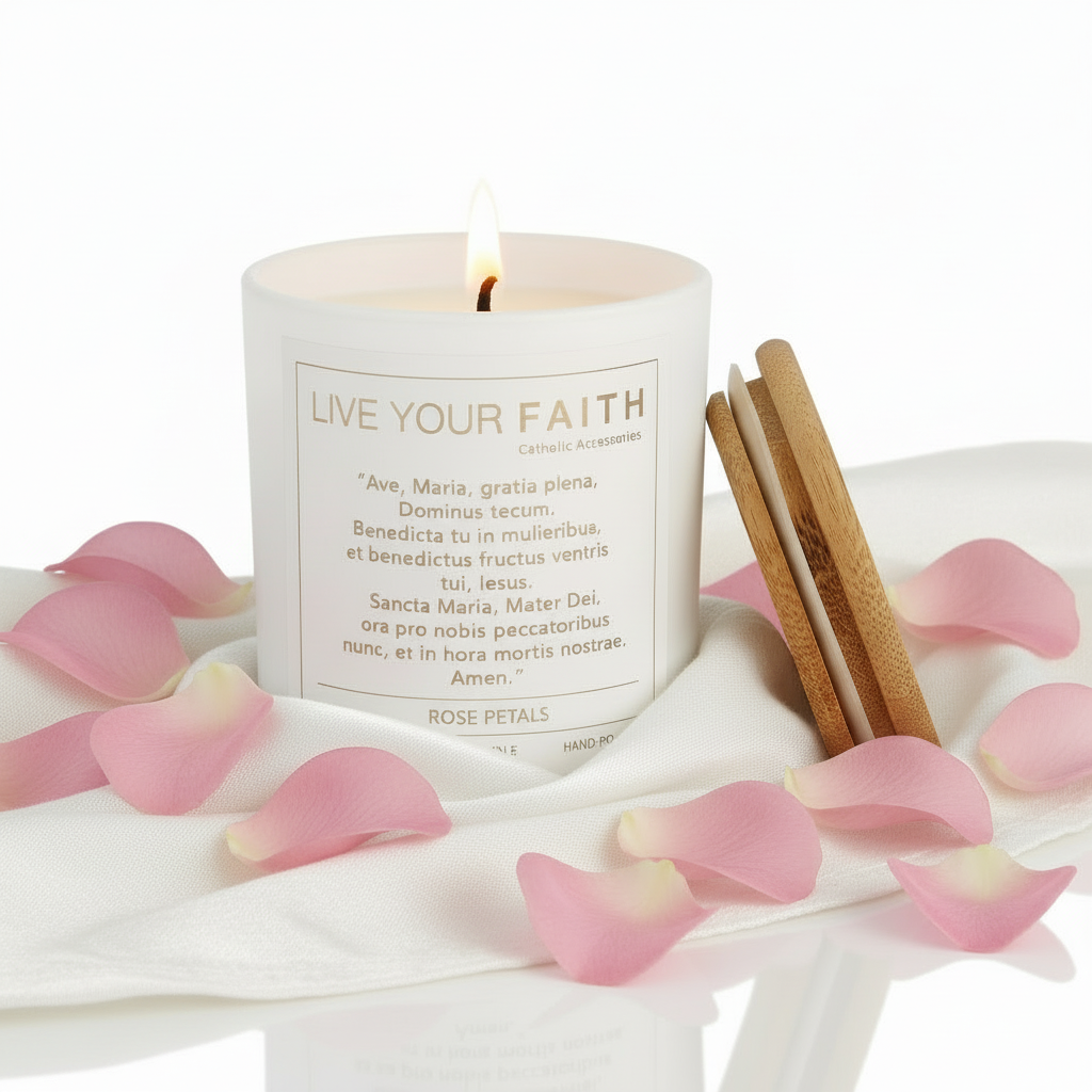 Catholic Prayer Candle, Ave Maria, Rose Petals.