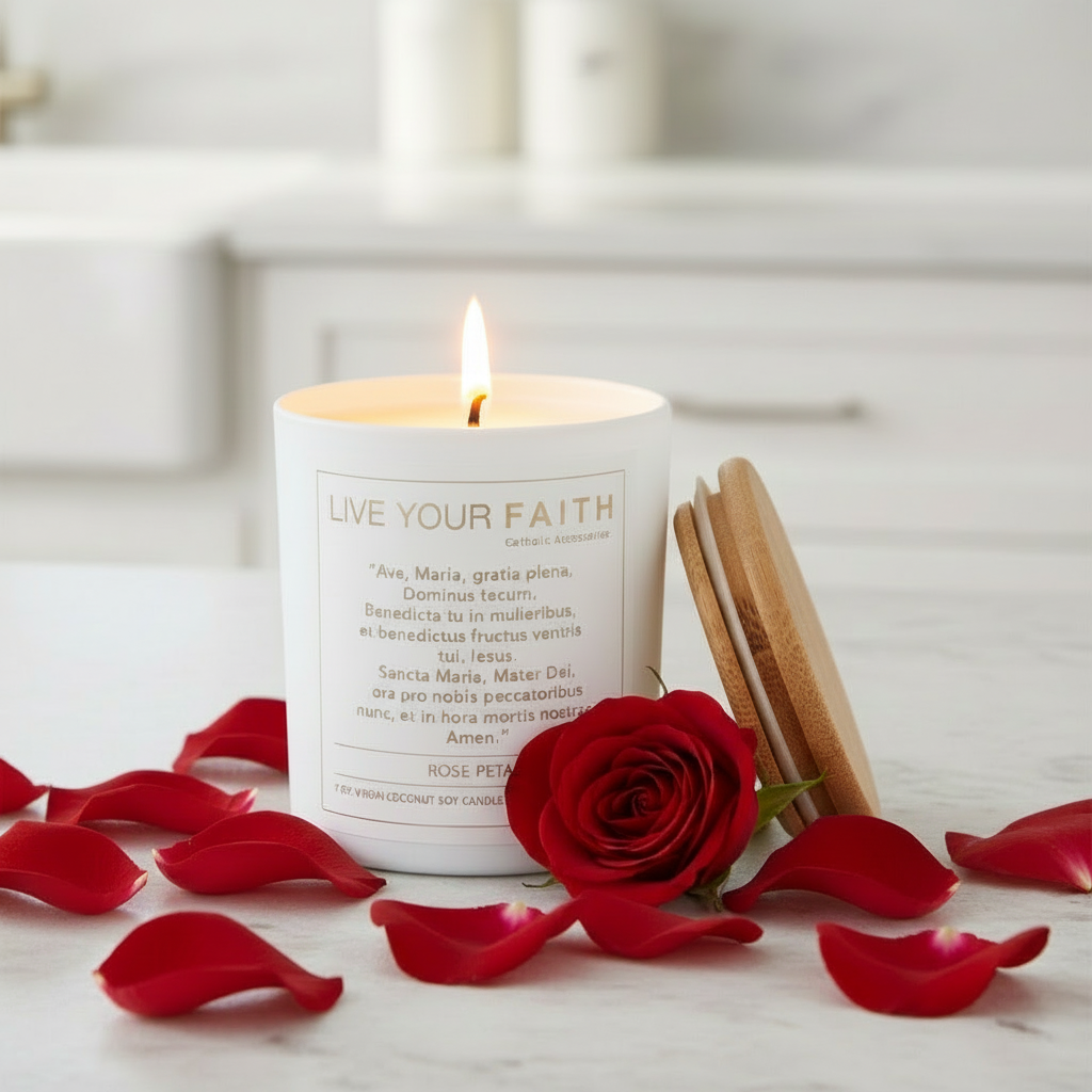 Candle with Ave Maria prayer, surrounded by red rose petals on a light surface.