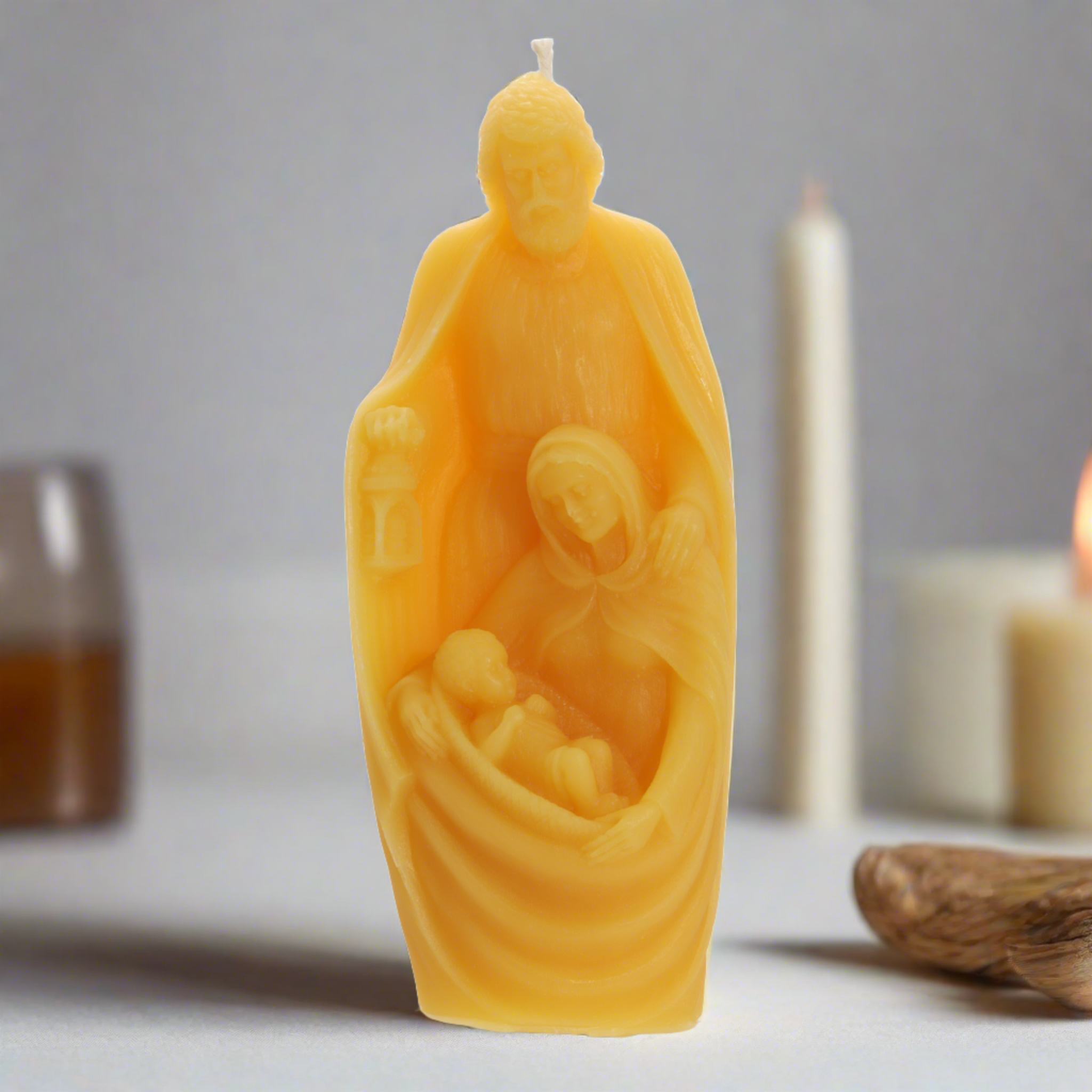 Large bees wax holy family candle for catholic prayer and devotion. Religious candles.