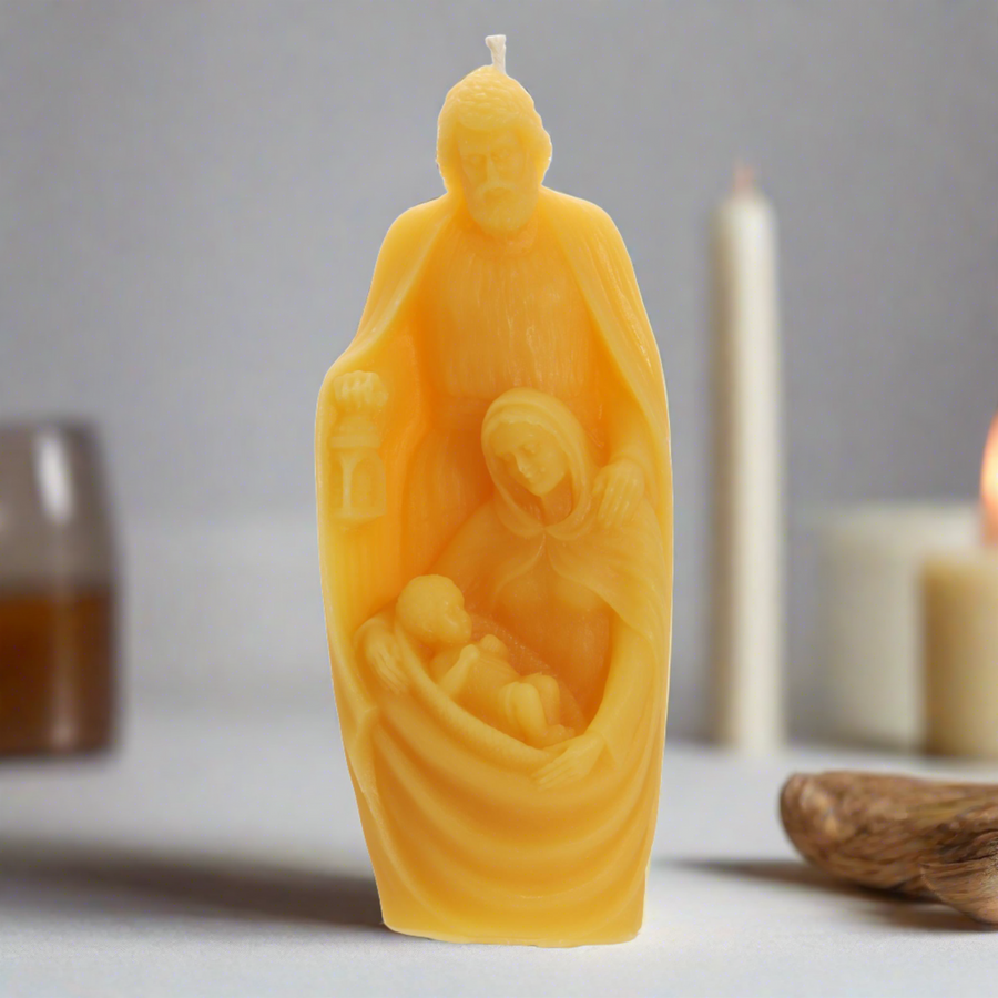 Large bees wax holy family candle for catholic prayer and devotion. Religious candles.