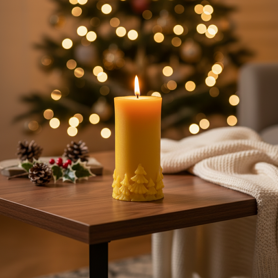 100% Beeswax Religious Candle with Pine Tree Detail - Hand-Poured Christmas Catholic Gift - Limited Edition Candle