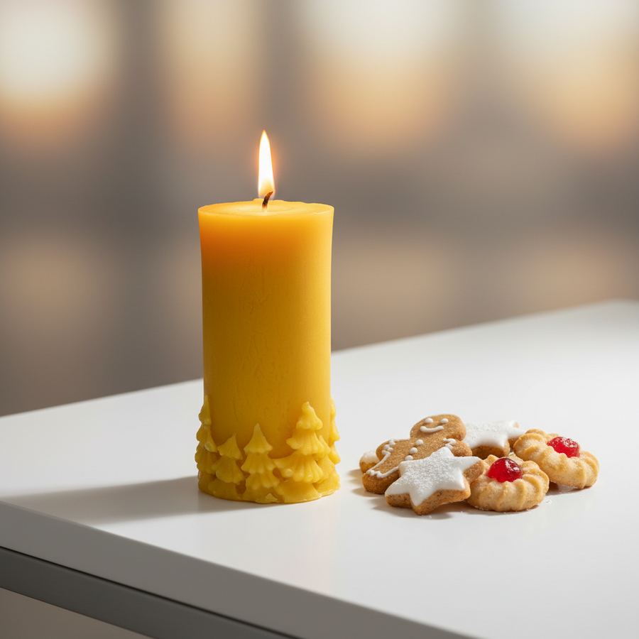 100% Beeswax Religious Candle with Pine Tree Detail - Hand-Poured Christmas Catholic Gift - Limited Edition Candle