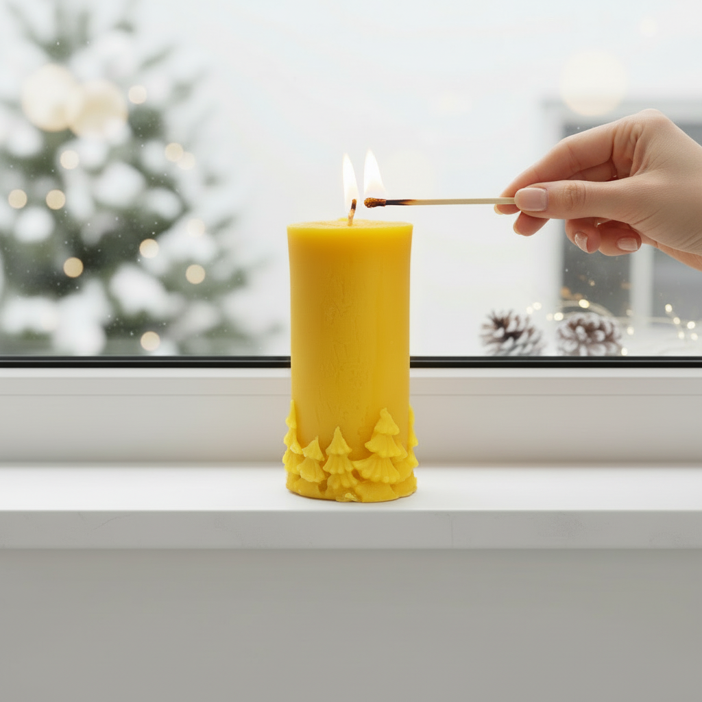 100% Beeswax Religious Candle with Pine Tree Detail - Hand-Poured Christmas Catholic Gift - Limited Edition Candle