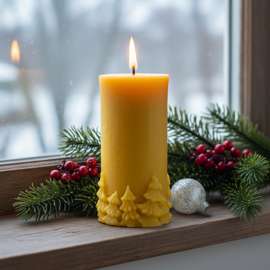 A yellow beeswax candle with an intricate pine tree detail along the bottom edge.